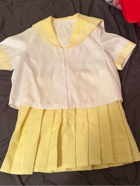 JK Kawaii Yellow & White Sailor Mini Dress - Women's Pleated Skirt